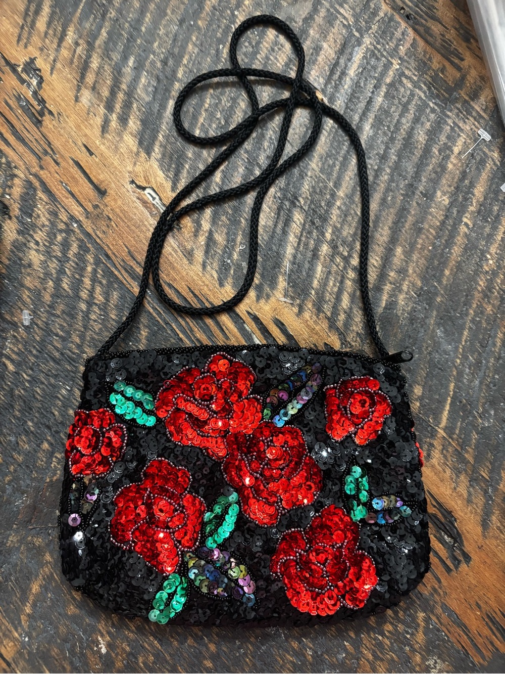 Vintage Black Sequin Floral Evening Bag